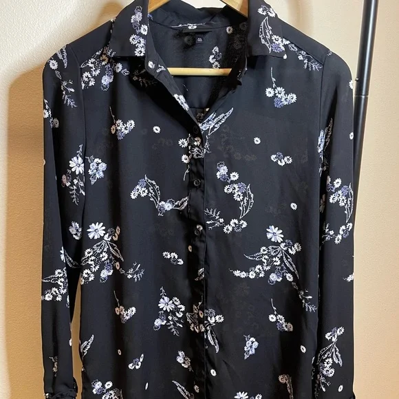Who What Wear Black Floral Sheer Shirt XS - Dark Academia Boho Blouse - Picture 1 of 7